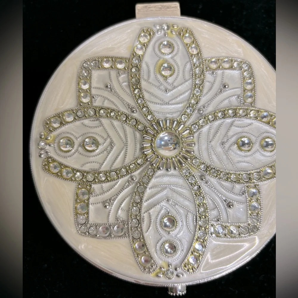 Enamel Rhinestone Jewelry Box Cream Silver
